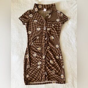 No Boundaries I Brown Ruched Shirt Dress with Floral Design